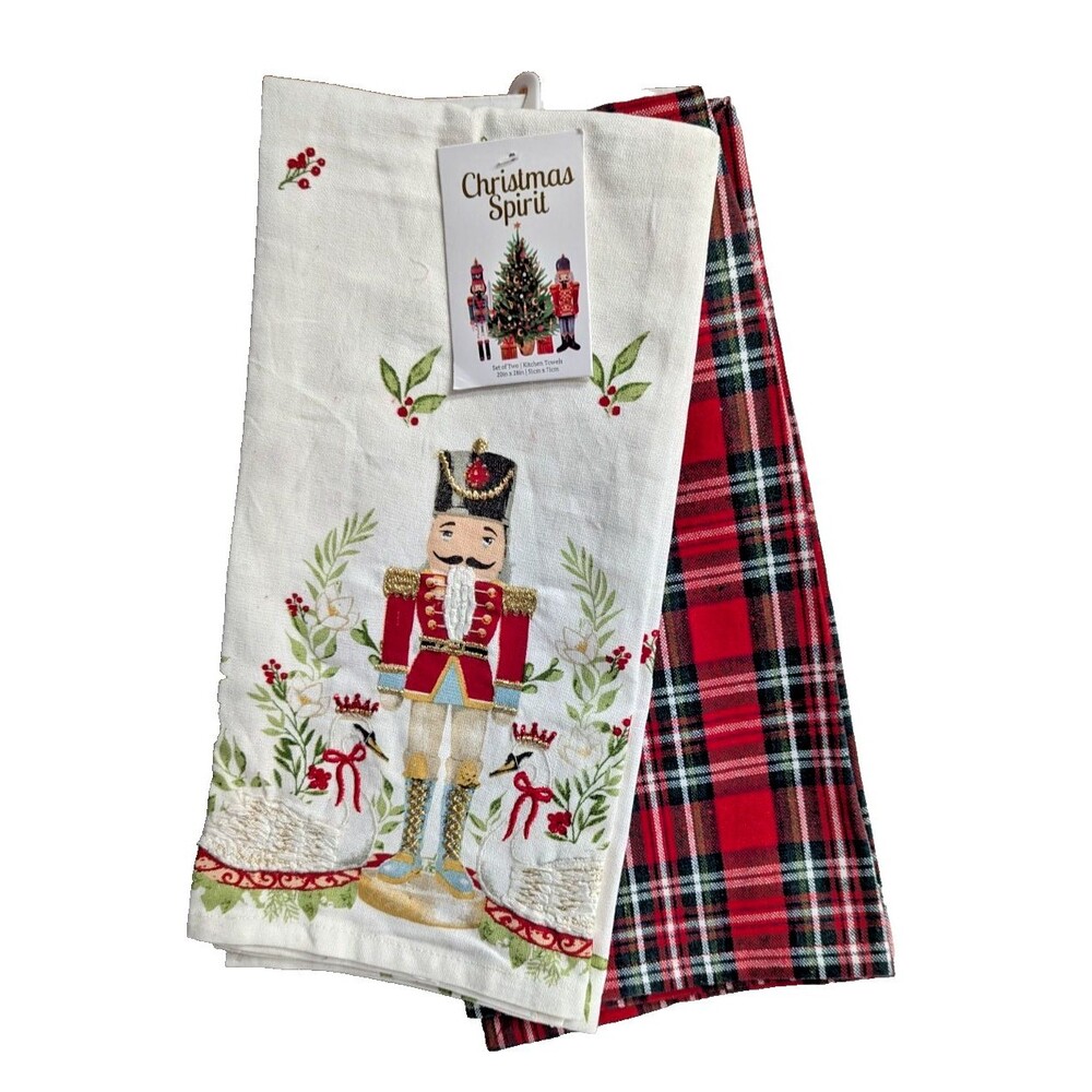 Christmas Spirit Embroidered Nutcracker Kitchen Tea Towels Red Plaid Set of 2